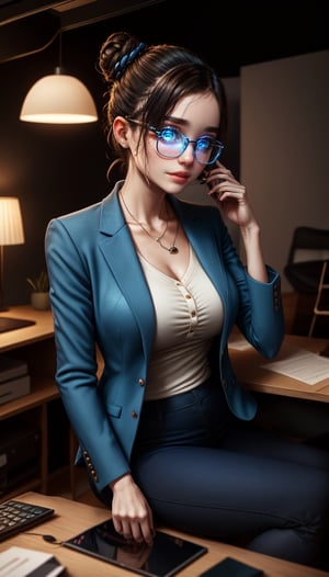  Marliya, AI personal assistant, poised in a home office, minimal Scandinavian design, gorgeous blue eyes, brunette hair styled in a messy bun, smart-casual blazer and glasses, , (authentic:1.3) (professional:1.2) (modern tech ambience:1.4) (cinematic lighting:1.3) (neutral palette:1.1) (crisp) (stylish) (efficient), 
