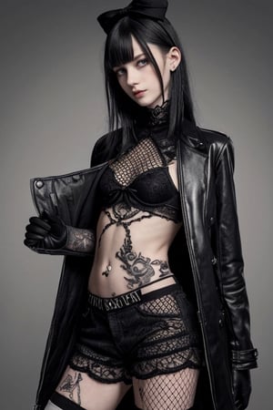 young goth girl,european,14 years old,full-body,realistic,long legs,long hands,cute,young,happy face,sporty,fit body,high resolution,slender,14 years old,slim,skiny,petite,thin,tiny,delicate,small-boned,slim hips,slim legs,slim hands,slender,real life,real,  detailmaster2,thigh high lace fishnet socks,shorts,happy face,posing,14years old,tattooed, tattoos, open coat,winter clothes,black,black gloves,european,sharp colors.