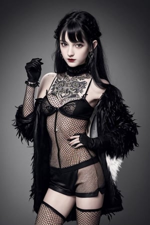 young goth girl,european,11 years old,full-body,realistic,long legs,long hands,cute,young,happy face,sporty,fit body,high resolution,slender,11 years old,slim,skiny,petite,thin,tiny,delicate,small-boned,slim hips,slim legs,slim hands,slender,real life,real,  detailmaster2,thigh high lace fishnet socks,shorts,happy face,posing,14years old,tattooed, tattoos, open coat,winter clothes,black,black gloves,european,sharp colors.