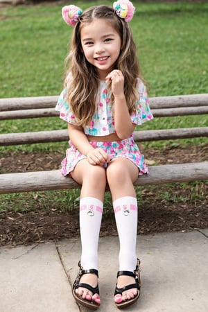 Fun and Flirty:

Imagine a charming tween girl sitting at a picnic table, exuding playful confidence in her cute outfit. She wears a cropped, short-sleeve top with fun patterns that complements her high-waisted, flouncy shorts. The shorts are adorned with bright colors and playful prints, perfect for a sunny day.

Her look is completed with knee-high socks featuring adorable animal designs and cute, colorful sandals. As she sits casually, her hair falls in waves around her shoulders, and she has a big, inviting smile. The warm sunlight adds a glow to her youthful features, highlighting the fun and playful aspects of her outfit, capturing the spirit of a girl ready for adventure.

