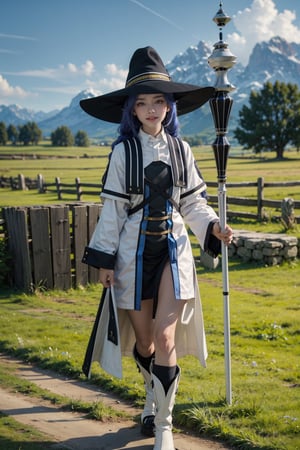 Centered, Ultra realistic, 1girl, 16 years old, Roxy Migurdia (mushoku tensei), mage, one thin magic staff, white boots, medium breasts, long braided hair, bright blue hair, oversized black witch hat, standing, in a large field, smiling, ultra realistic shadows, luxury fashion illustration, masterpiece, high quality, 32k, perfect detailed, ultra sharp focus,view from knee up, walking towards viewer,