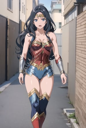 (ShirakawaRuna), shy face, gyaru blue black hair, long hair, ((Cosplay Wonder Woman)), in street residential, (masterpiece), hires, exhibitionist poses,