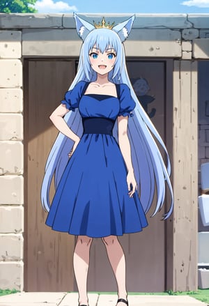 (masterpiece), best quality, hires, Fairy Queen (Toaru Ossan no VRMMO Katsudouki), happy face, human ear, (clothing), blue dress mini (👗), In terrace palace, 