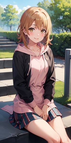 (masterpiece, best quality:1.4), looking at viewer, cowboy shot, smile, blush, iroha isshiki, short hair, hoodie, skirt, outdoors, stairs, sitting, 