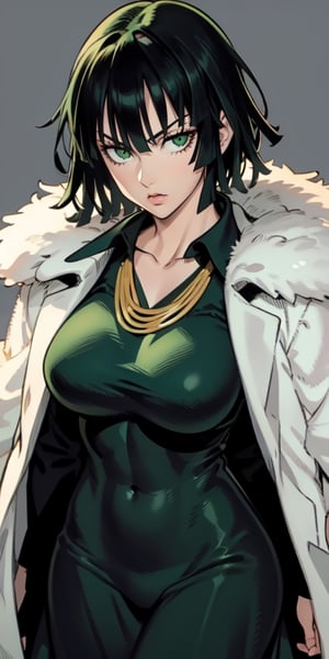 fubuki\(one punch man\),1girl,solo, large breasts, green eyes, black hair,portrait, taut clothes, taut dress, fur trim, fur coat, necklace, looking at viewer, mature female,
