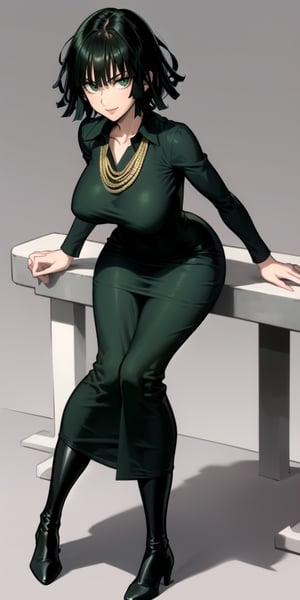 fubuki\(one punch man\),1girl,solo, large breasts, green eyes, black hair,portrait, taut clothes, taut dress, necklace, looking at viewer, mature female,, full-body_portrait, smile
