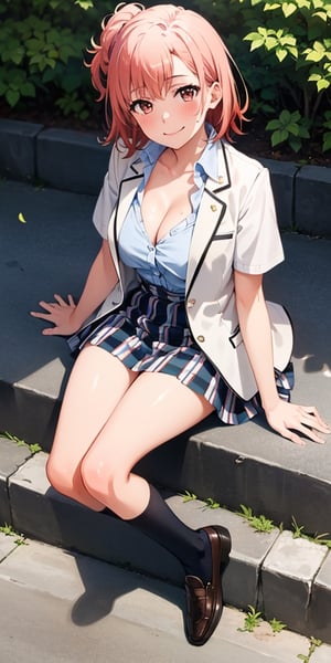 (masterpiece, best quality, detailed), 1girl, solo, blush, looking at viewer, closed mouth, smile, full body, sitting, on stairs, outdoors,
yuigahama yui, school uniform, white shirt, plaid skirt, blazer, open jacket, arm support, sweat, cleavage, (off shoulder:0.9), kneehighs, loafers, short sleeves
  