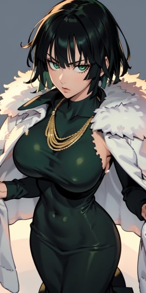 fubuki\(one punch man\),1girl,solo, large breasts, green eyes, black hair,portrait, taut clothes, taut dress, fur trim, fur coat, necklace, looking at viewer, mature female,
