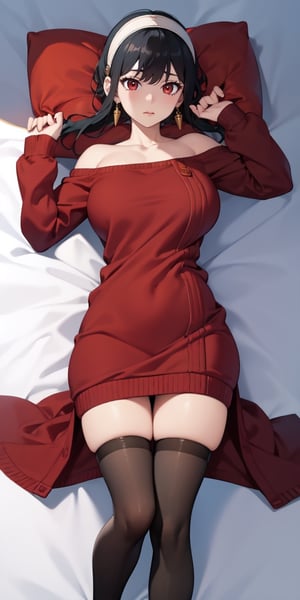 best quality, masterpiece, highres, 1girl, solo, bbyorf, short hair with long locks, white hairband, red eyes, gold earrings, large breasts, jewelry, off shoulder, red sweater, sweater dress, long sleeves, black pantyhose, , lying in bed, legs up, holding them with her hands, confused, , (dakimakura)
