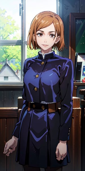 ((best quality)), ((highly detailed)), masterpiece, ((official art)), detailed face, beautiful face, (detailed eyes, deep eyes), (cowboy shot), nobara kugisaki, brown eyes, jujutsu kaisen, school uniform, blue jacket, blue skirt, brown belt, pantyhose, evil smile, scenery, indoors, window, intricately detailed, hyperdetailed, blurry background, depth of field, best quality, masterpiece, intricate details, tonemapping, sharp focus, hyper detailed, trending on Artstation, 1 girl, high res, official art, ,nobara kugisaki, portrait,SAM YANG