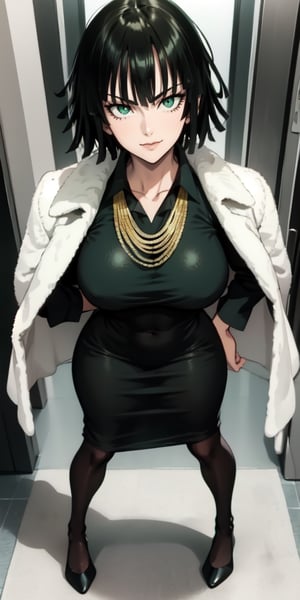 fubuki\(one punch man\),1girl,solo, large breasts, green eyes, black hair,portrait, taut clothes, taut dress, necklace, looking at viewer, mature female,, full-body_portrait, smile

