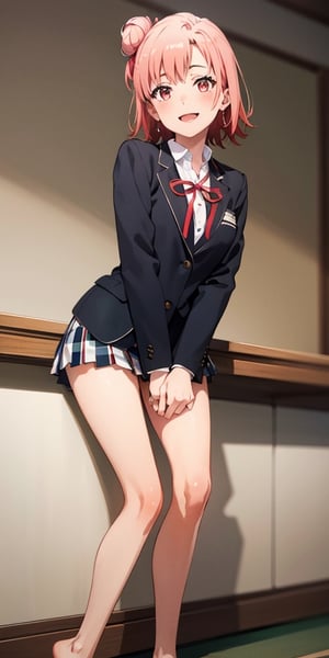 masterpiece, high quality, best quality, high resolution, 4k, high definition, beautiful lighting,highly detailed face, well drawn hands, well drawn legs,well drawn feet,well drawn eyes,1girl, short hair, pink hair, pink eyes, yui, hair bun,sobu high school uniform, black blazer, white shirt, red ribbon plaid skirt, smiling,