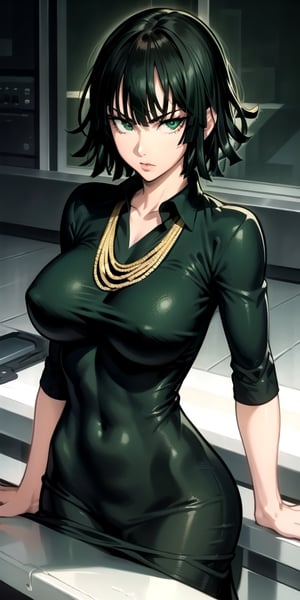 fubuki\(one punch man\),1girl,solo, large breasts, green eyes, black hair,portrait, taut clothes, taut dress, necklace, looking at viewer, mature female, portrait, upper_body
