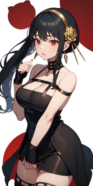 ((Exposed breasts))Focusing on the upper part of the human body, fleshiness , [(white background:1.5)::5],aayorf, sidelocks, gold hairband, hair ornament, red eyes, gold earring, large breasts, choker, bare shoulders, black dress, two-sided dress, fingerless gloves, thigh boots, 
