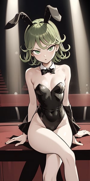 masterpiece,best quality,1girl,tatsumaki,green hair,green eyes,playboy bunny,sitting,crossed legs,stage,,