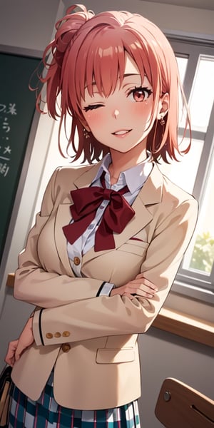 (masterpiece, best quality, detailed), 1girl, solo, blush, classroom, indoors, light particles, looking at viewer, parted lips, smile, sunlight, upper body, window, one eye closed, head tilt, dutch angle,
yuigahama yui, school uniform, white shirt, neck ribbon, plaid skirt, blazer, open jacket, peace sign   