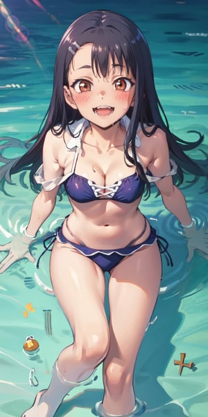 masterpiece, best quality, highres, wet, partially submerged, water, poolside, smile, open mouth,, nagatoro hayase,  cleavage, small breasts,cross-laced bikini