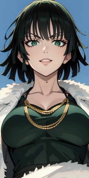 fubuki\(one punch man\),1girl,solo, large breasts, green eyes, black hair,portrait, taut clothes, taut dress, necklace, looking at viewer, mature female, portrait, (from below: 1.2), smile, upper_body
