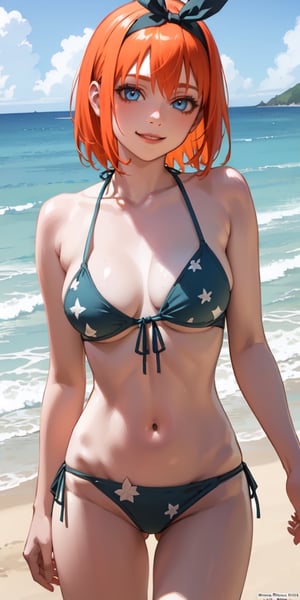 , nakano_yotsuba,outdoors, beach, ocean(ultra-detailed:1.3), 8k, masterpiece world theater, textured skin, ambient light, realistic shadows, beautiful detailed eyes,1girl (solo:1.3), bikini, hair ribbon, light smile, orange haircowboy shot,