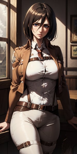 Masterpiece, Mikasa Ackerman, White blouse, brown jacket, open jacket, curvy body, sexy, mix of fantasy and realistic elements, vibrant manga, uhd image, vibrant artwork, hdr, hmmikasa,perfecteyes
,perfecteyes,hmmikasa