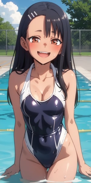 masterpiece, best quality, highres, one-piece swimsuit, wet, partially submerged, water, poolside, smile, open mouth,, nagatoro hayase,  cleavage, small breasts,