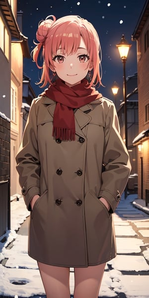 (masterpiece, best quality:1.4), looking at viewer, cowboy shot, smile, closed mouth, yui yuigahama, single hair bun, night, coat, scarf, outdoors, snowing, solo, 