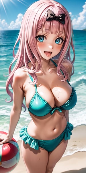 best quality, (masterpiece:1.2), detailed, , fujiwara chika (kaguya-sama), 1girl, solo, open mouth, smile, pink hair, blue eyes, long hair, hair bow, frilled bikini, aqua bikini, standing, looking at the viewer, beach, water, cloud, upper body
