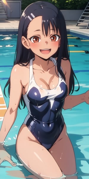 masterpiece, best quality, highres, one-piece swimsuit, wet, partially submerged, water, poolside, smile, open mouth,, nagatoro hayase,  cleavage, small breasts,