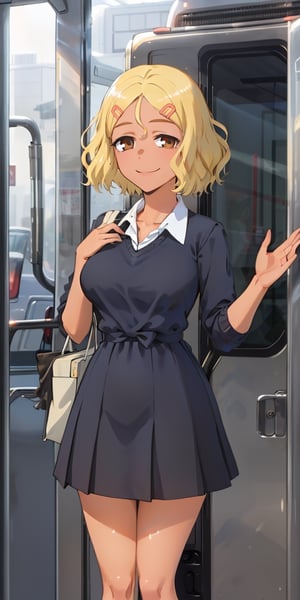 best quality, (masterpiece: 1.2), detailed, perfect face, beautiful face, Sakura, blonde hair, 1 girl, hair ornament, smile, alone, hairpin, short hair, brown eyes, dark skin, ((female body perfect)),  1girl, against glass, medium breasts, overflow, breasts on glass, hand up, school uniform, train interior

