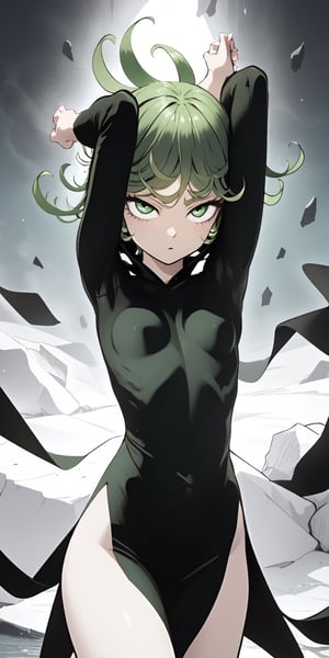 masterpiece, best quality, 1 girl, tatsumaki, green hair, green eyes, iom, 1 girl, alone, looking at viewer, short hair, long sleeves, dress, cowboy photo, small breasts, arms up, hands behind head, covered navel, floating hair, side slit, floating, curly hair, telekinesis
