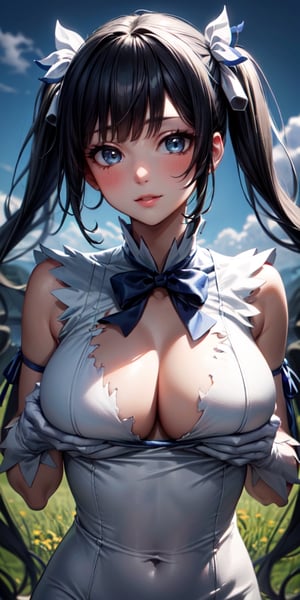 masterpiece, best quality, long eyelashes, eyeliner, eyeshadow, mascara, colorful, pink lips, deep skin, looking at viewer, upper body, curvy, hestia (danmachi), 1girl, breasts, solo, long hair, blue ribbon, twintails, gloves, ribbon, dress, rei no himo, large breasts, blue eyes, black hair, white gloves, cleavage, white dress, looking at viewer, light smile, closed mouth, hair ribbon, bow, sleeveless, sleeveless dress, bangs, blush, cleavage cutout, hair ornament, bowtie, clothing cutout, very long hair, covered navel, arm ribbon, shiny skin, outdoors, grassy fields, blue sky, cloudy sky, tight, taut dress, breast focus, upper body, (masterpiece:1.47746), (highly_detailed:1.05), (highres:1.05), ultra detailed, 100-layers, extremely detailed, intricate, absurdres, small details, ultra detailed, detailed eyes, (intricate details, volumetric lighting, cinematic lighting, award-winning, macro vivid colors, rule of thirds, majestic, detailed, elegant), colorful, realistic lighting, breasts hold
