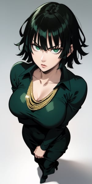 fubuki\(one punch man\),1girl,solo, large breasts, green eyes, black hair,portrait, taut clothes, taut dress, necklace, looking at viewer, mature female,, full-body_portrait
