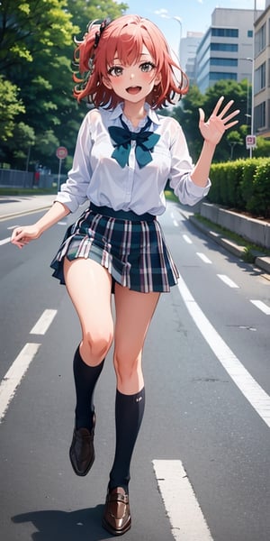 (masterpiece, best quality, detailed), 1girl, solo, running, full body, waving, looking at viewer, open mouth, smile, outdoors, sweat, (wet shirt:0.8), street, city, traffic light,
yuigahama yui, school uniform, white shirt, plaid skirt, kneehighs, loafers  