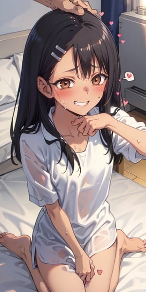 best quality, (masterpiece: 1.2), detailed, perfect face, beautiful face, masterpiece, best quality, sharp focus, extremely detailed, intricate, hyper detailed, nagatoro hayase, brown eyes, black hair, bangs, long hair, dark skin, hairclip, grin, nsfw,
((female body perfect)), nude,1girl, 1boy, (hand on another's head:1.2), top-down bottom-up, head grab, (spoken hearts:1.2),(sweat:1.2),(deep breathe:1.2),(on bed:1.2),(steam:1.2),  ahoge