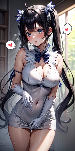 masterpiece,  beautiful,  extremely detailed face, ,,
(spoken hearts:1.2),(sweat:1.2),(deep breathe:1.2),,
1girl, female masturbation, solo, masturbation through clothes, , , , hand under shirt,
,, hestia (danmachi),, long hair, blue ribbon, twintails, gloves, ribbon, dress, rei no himo, large breasts, blue eyes, black hair, white gloves, cleavage, white dress, hair ribbon, bow, sleeveless, sleeveless dress, bangs, cleavage cutout, hair ornament, bowtie, clothing cutout, very long hair, covered navel, arm ribbon,