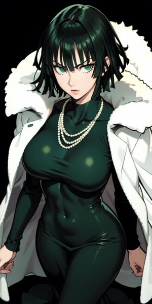 fubuki\(one punch man\),1girl,solo, large breasts, green eyes, black hair,portrait, taut clothes, taut dress, fur trim, necklace, looking at viewer, mature female,
