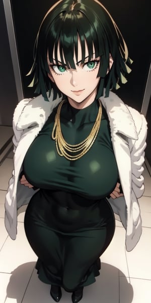 fubuki\(one punch man\),1girl,solo, large breasts, green eyes, black hair,portrait, taut clothes, taut dress, necklace, looking at viewer, mature female,, full-body_portrait, smile
