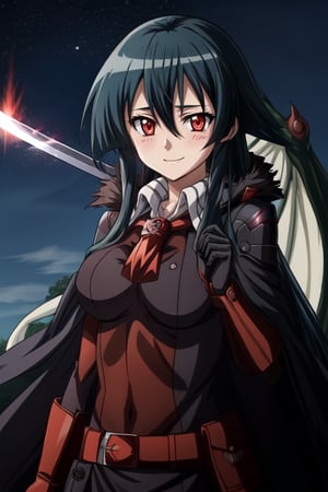 Akame (Akame ga Kill)Genshin impact night sky style Genshin impact night sky style, cloak armor bits ,cloak smile quality dragon symbol on chest Holding a big sword,