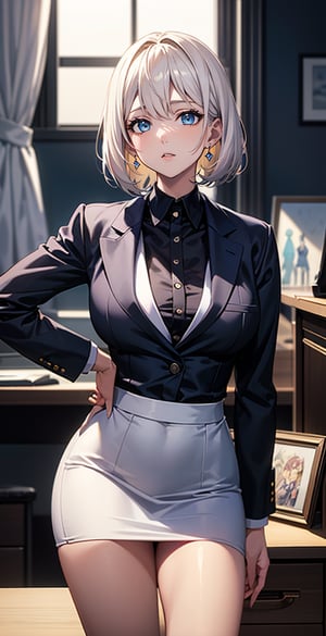 ((best quality)), ((masterpiece)), ((best illustration)), ((anime artwork)), full_body, Picture a girl with endearing platinum hair and captivating yellow eyes,platinum hair, her fair skin a delicate canvas. She wears business suit,pencil skirt