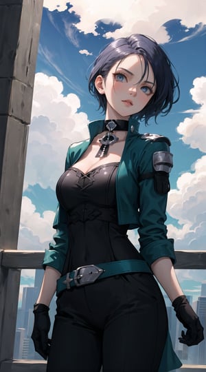 masterpiece, best quality, defShamir, collar, shoulder pad, black shirt, black gloves, bodice, green jacket, green belt, black pants, cowboy shot, large breasts, standing, looking at viewer, serious, from below, looking down, sky, clouds 