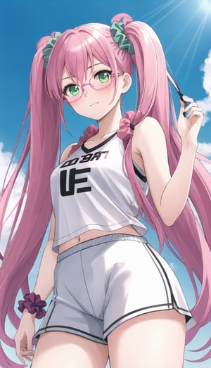 sporty beautiful 20 y/o  babe, green eyes, ((facing the camera)),(from below),best quality, masterpiece, highres, solo, pink_hair, glasses, pink_eyes, long_hair, scrunchie, hair_ornament, twintails, hair_scrunchie
