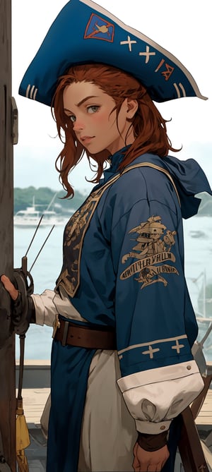 steampunk style, boat, cute girl on the boat, long red hair, privateer clothes, close-up shot