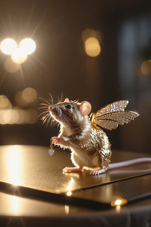 rat holding a diamond studded gold key with wings on a dining table in the kitchen, comfortable light ,romantic light, ultra details ,photorealistic, realistic ,gel lighting, Cinematic, Filmic, medium shot, 4k, Front-light, Cinematic Lighting, volumetric Light, Ray Tracing Reflections, Chromatic Aberration, photography, hyper realistic, 4k, 8k,closeup ,