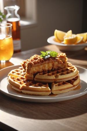 Delicious plate of chicken and waffles on a dining table in the kitchen, comfortable light ,romantic light, ultra details ,photorealistic, realistic ,gel lighting, Cinematic, Filmic, medium shot, 4k, Front-light, Cinematic Lighting, volumetric Light, Ray Tracing Reflections, Chromatic Aberration, photography, hyper realistic, 4k, 8k,closeup 
