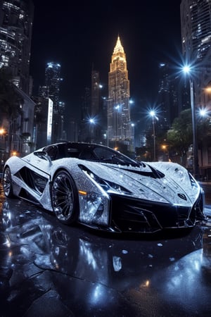 crystalz, batman style car in gotham city by night,, appearence resembling a skull, A hyper-realistic 64k digital rendering, ultra fine detail, saturated colors, fisheye, chiaroscuro effect, high contrast, 64k, car,c_car,Concept Cars,chrometech, 