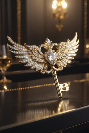 diamond studded gold key with wings on a dining table in the kitchen, comfortable light ,romantic light, ultra details ,photorealistic, realistic ,gel lighting, Cinematic, Filmic, medium shot, 4k, Front-light, Cinematic Lighting, volumetric Light, Ray Tracing Reflections, Chromatic Aberration, photography, hyper realistic, 4k, 8k,closeup , 
,darkart