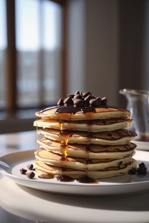 Delicious plate of chocolate chip pancakes on a dining table in the kitchen, syrup on pancakes, comfortable light ,romantic light, ultra details ,photorealistic, realistic ,gel lighting, Cinematic, Filmic, medium shot, 4k, Front-light, Cinematic Lighting, volumetric Light, Ray Tracing Reflections, Chromatic Aberration, photography, hyper realistic, 4k, 8k,closeup , 

