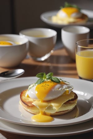 Delicious plate of eggs benedict on a dining table in the kitchen, comfortable light ,romantic light, ultra details ,photorealistic, realistic ,gel lighting, Cinematic, Filmic, medium shot, 4k, Front-light, Cinematic Lighting, volumetric Light, Ray Tracing Reflections, Chromatic Aberration, photography, hyper realistic, 4k, 8k,closeup , 
