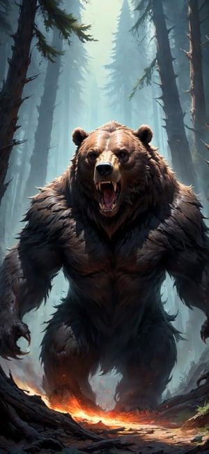 giant dire bear, roaring with rage, (walking through forest), sprinting, torn flesh, tattered clothes, fantasy magic, undercut hairstyle, dark light night, intricate, elegant, sharp focus, illustration, highly detailed, digital painting, concept art, matte, art by wlop and artgerm and greg rutkowski and alphonse mucha, masterpiece, monster