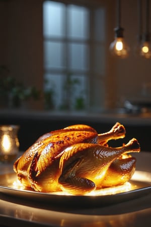 Delicious glowing plate of baked chicken on a dining table in the kitchen, comfortable light ,romantic light, ultra details ,photorealistic, realistic ,gel lighting, Cinematic, Filmic, medium shot, 4k, Front-light, Cinematic Lighting, volumetric Light, Ray Tracing Reflections, Chromatic Aberration, photography, hyper realistic, 4k, 8k,closeup 
